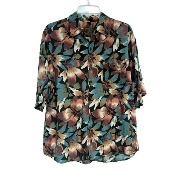 Bruno Mens Tropical Floral Hawaiian Short Sleeve Shirt Teal Multi Sz L Aloha - Picture 2 of 4